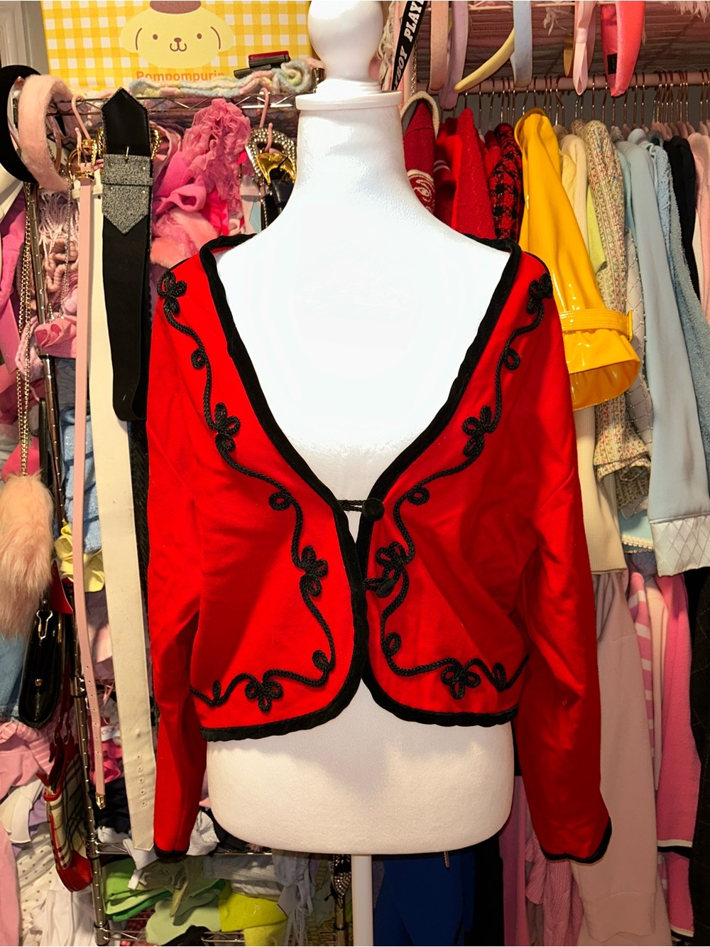 Stefanel Red Jacket + Skirt set with Black Trim